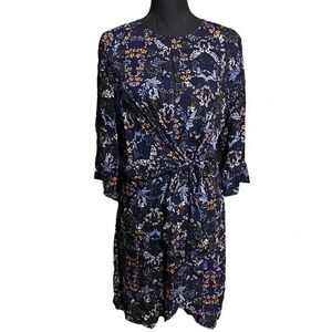 RD Style Floral Tie Front Navy Ruffle Sleeve Dress XS Extra Small